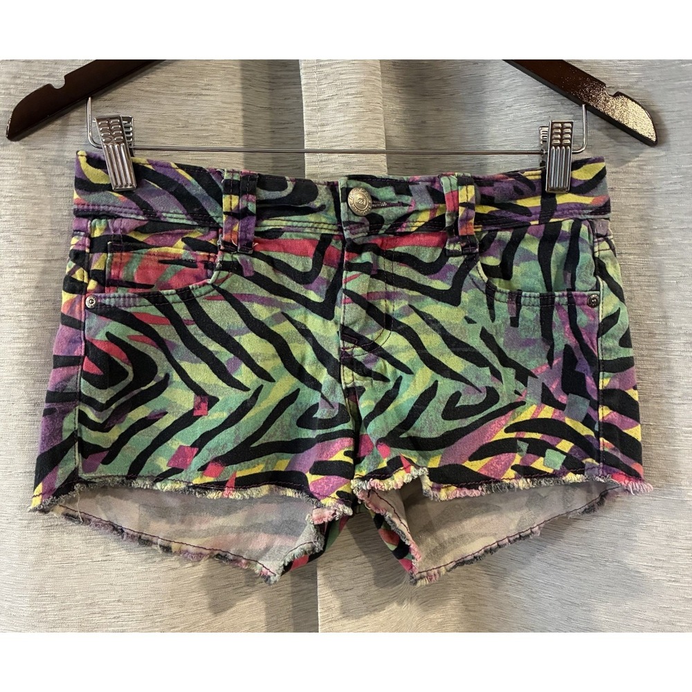 Y2k LEI Ashley Low Rise Neon Zebra Shorts Size 3 Hot Pants Festival Rave Retro